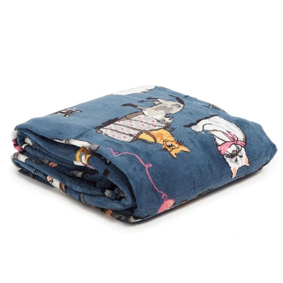 New Vera Bradley Fleece Cats Throw Blanket 80"x50" Blue Ivory White E16 - Picture 3 of 3